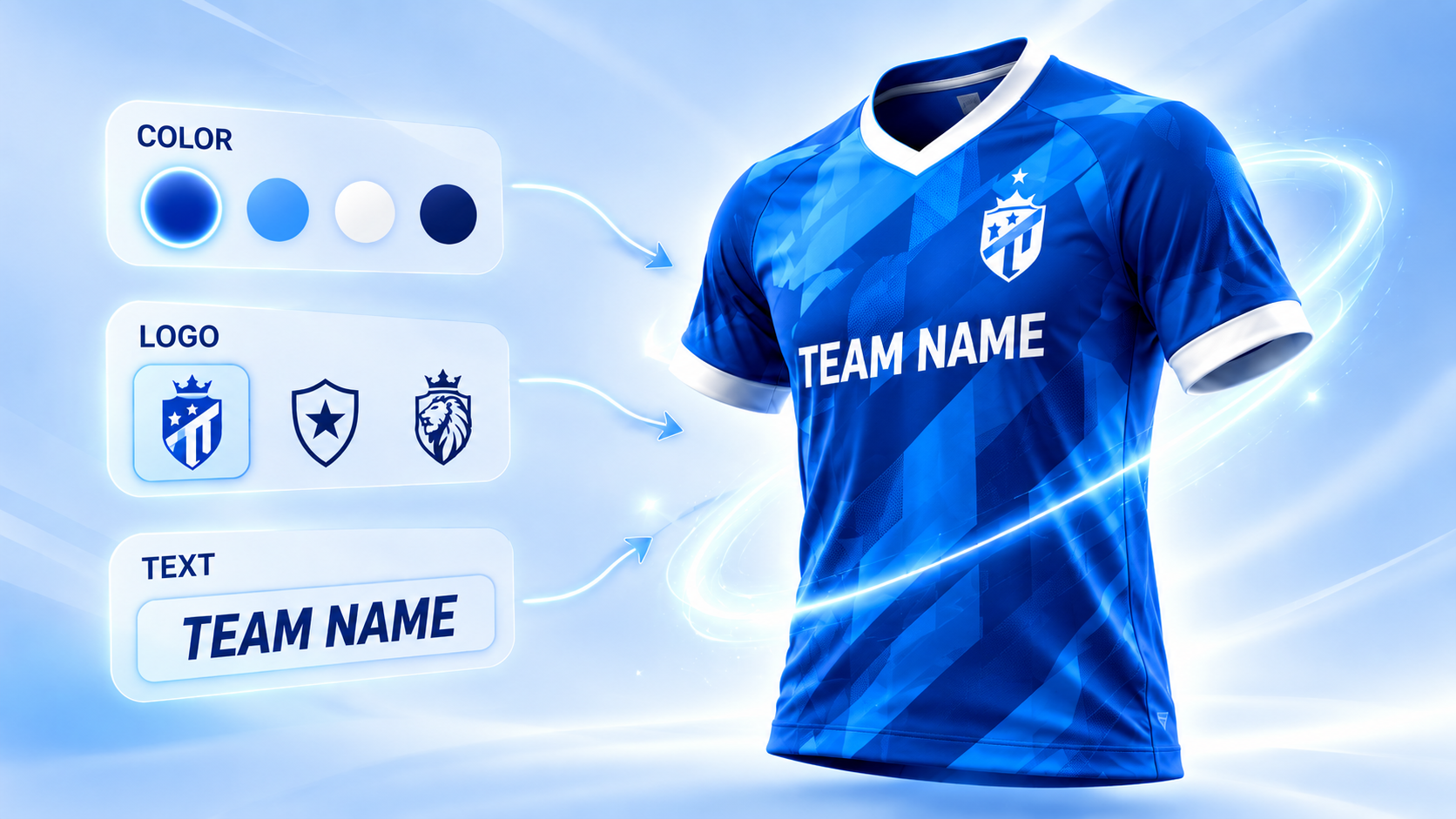 Maillot de sport bleu personnalisable avec choix de couleurs, de logo et de nom d’équipe