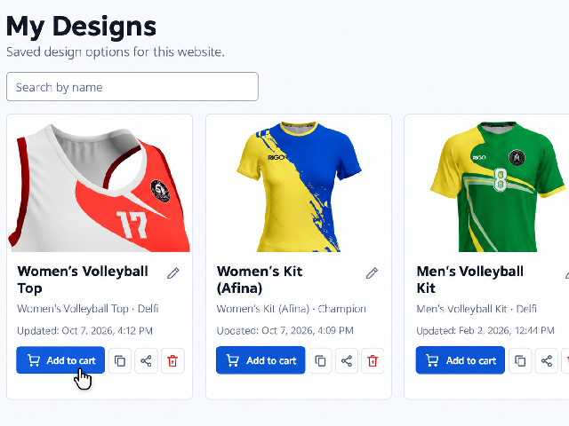 A customer's saved designs
