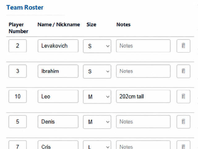 A team roster with player names, numbers and sizes